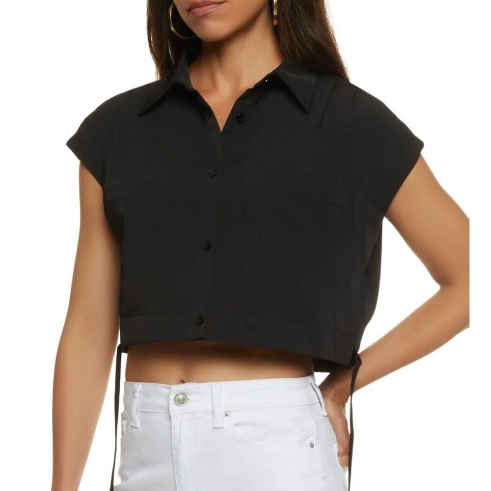 New SPOON JEANS Drawstring Waist Button Front Crop Black Shirt Top Women (S-XL)